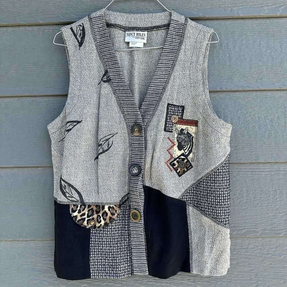 Vintage Animal Print Patchwork  Vest Size Small Zebra‎ Grannycore Nancy Bolen
